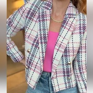 Zara Women Tweed Blazer Jacket White Blue Pink Medium Work Office Casual